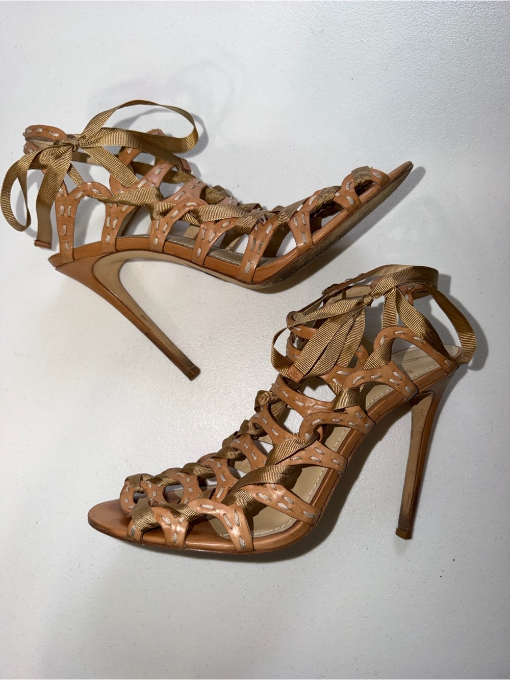Brian Atwood Tan Leather & Grosgrain Ribbon Lace-Up Heels size 9
